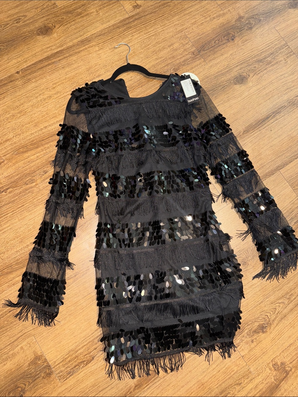 Boohoo Black Long Sleeve Sequin Fringe Mini Dress